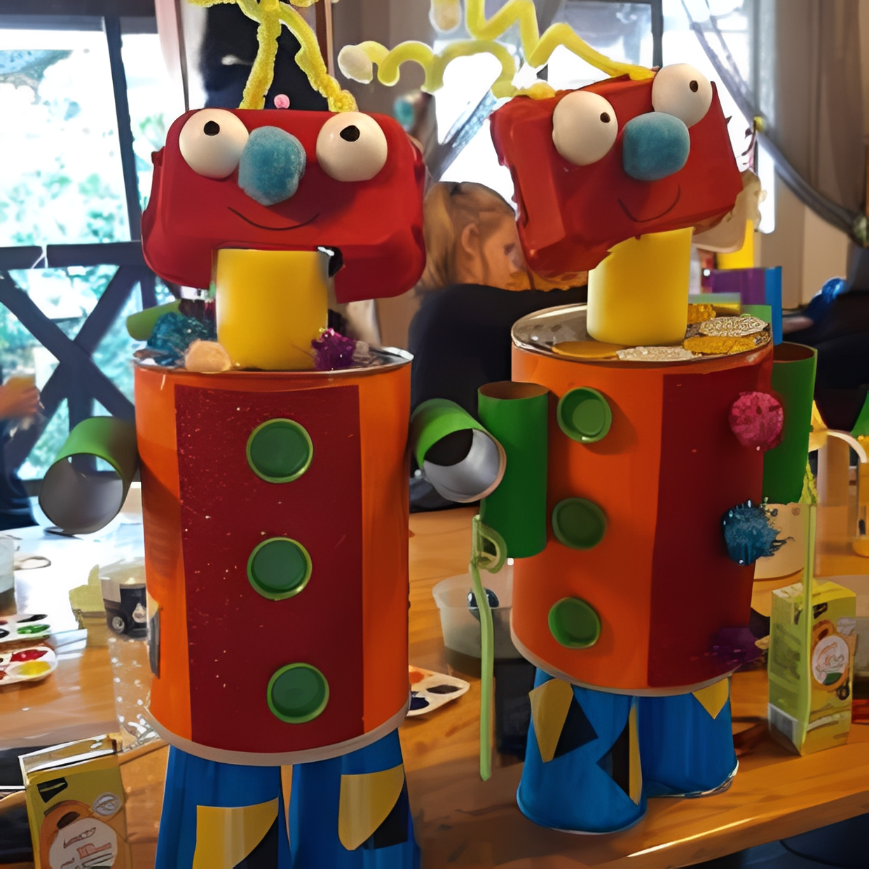 Two colorful craft robots on wooden table